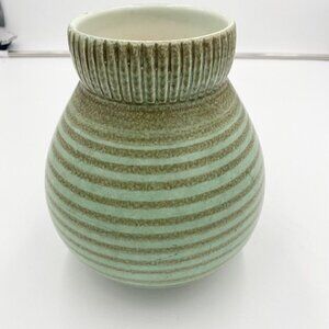 Vintage Elsterwerda Keramik Pottery Vase 8" Tall Light Green / Brown Striped